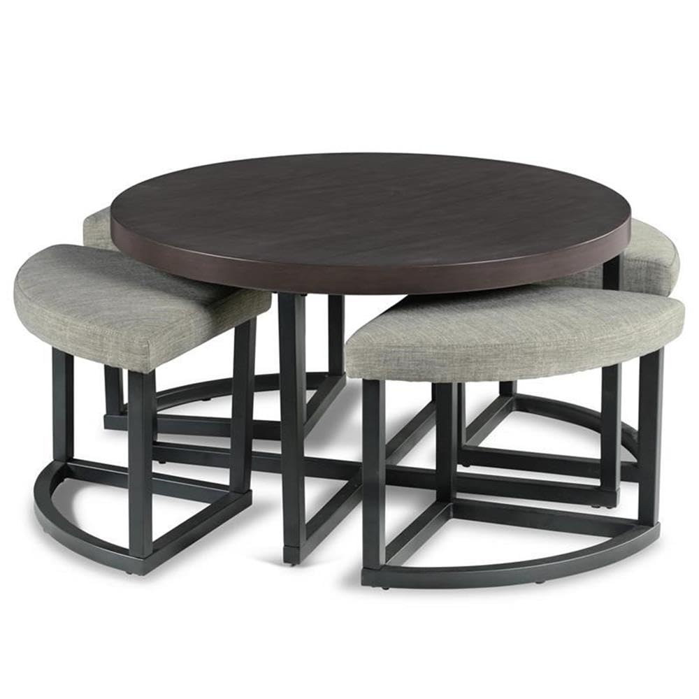 Round Coffee Table Set with 4 Gray Linen Stools X473