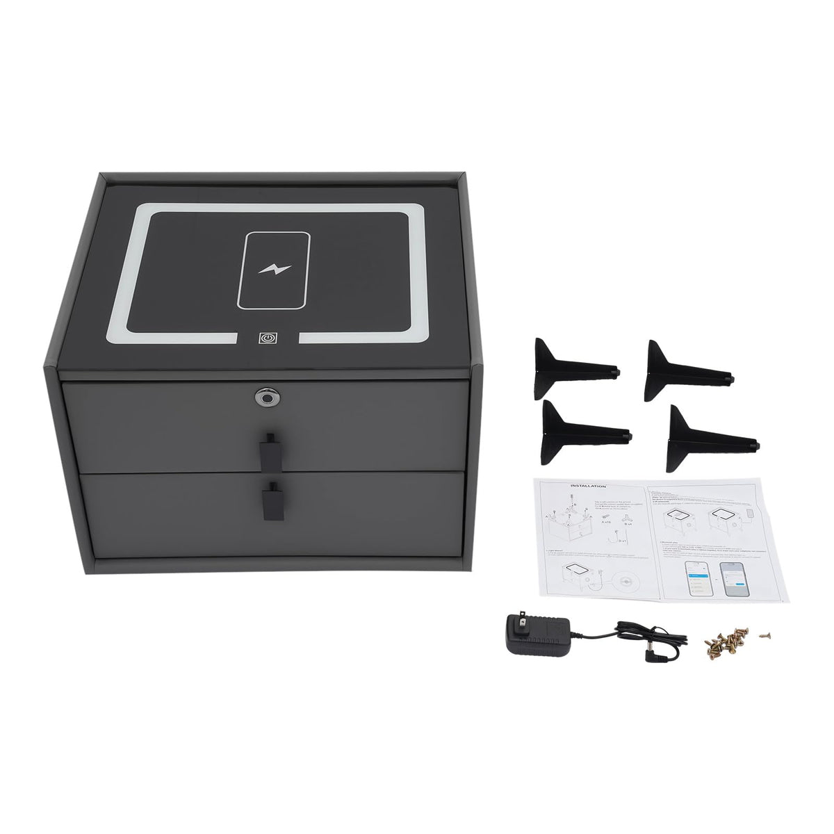 Nightstand with Charging Station, 2 Drawers, Fingerprint Lock, LED Light I392
