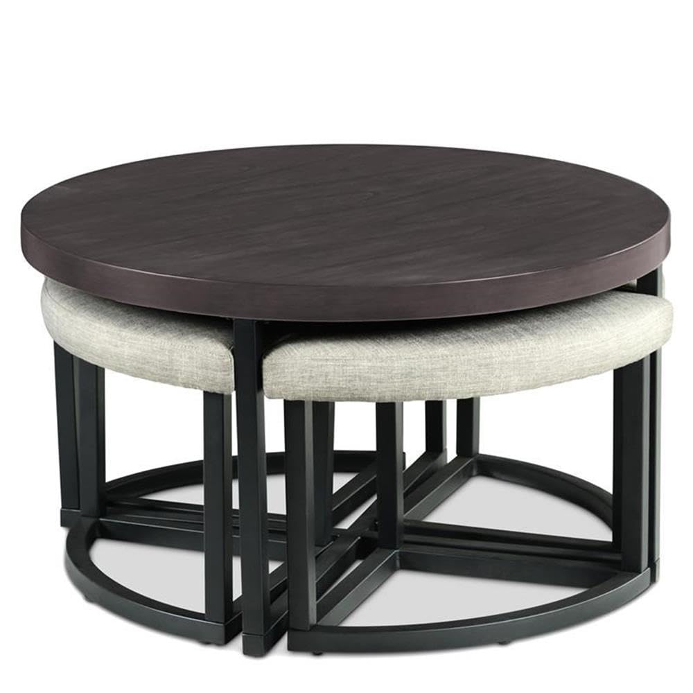 Round Coffee Table Set with 4 Gray Linen Stools X473