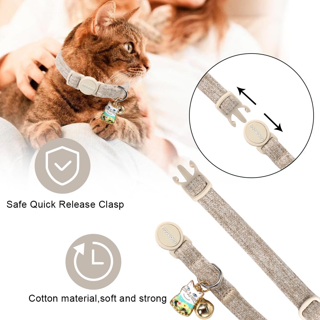 2 Pack White Hemp Cat Collars Breakaway with Bell X36926