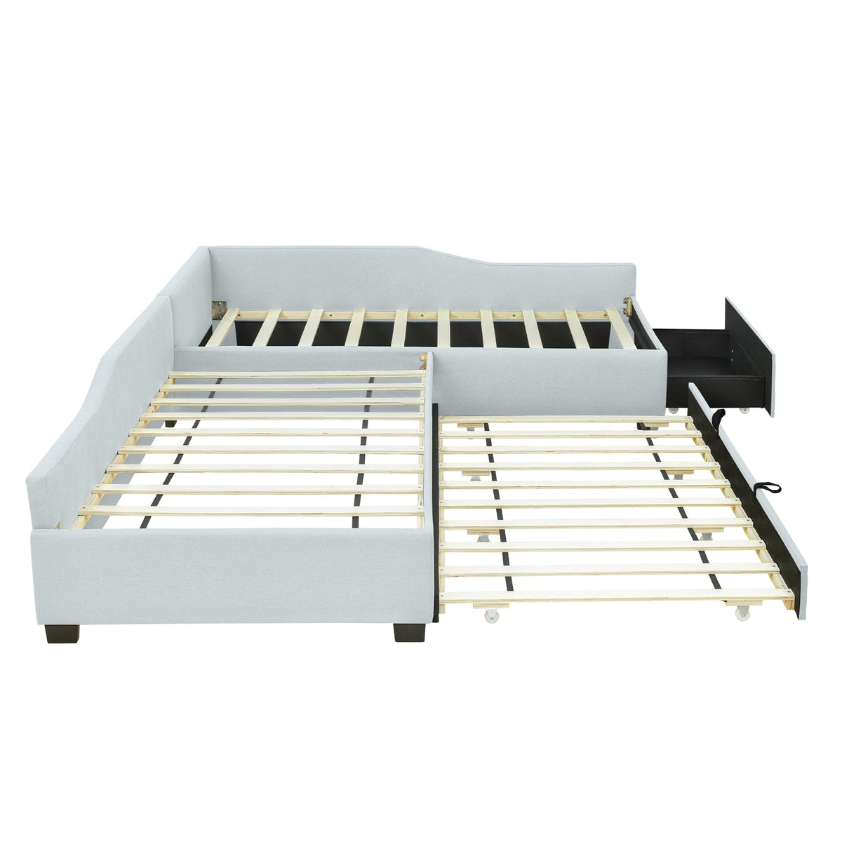 Beige Linen Upholstered Double Twin Size Daybed with Trundle and Drawer R8997