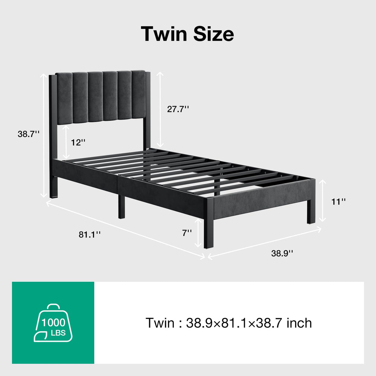 Twin Size Metal Platform Bed Frame with Velvet Headboard and Footboard K426