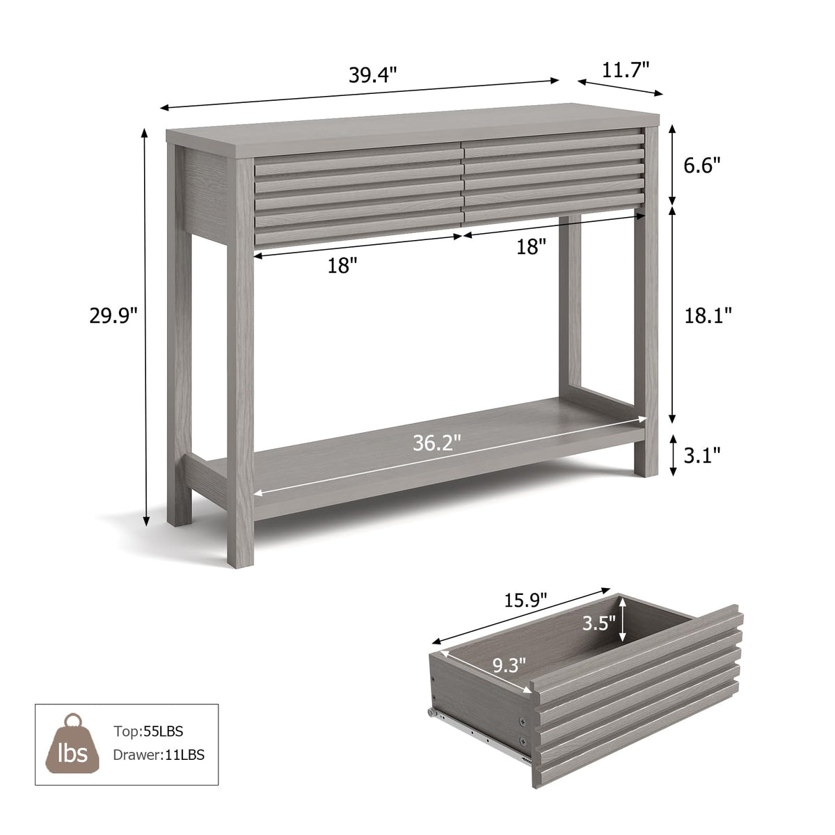 Oak Gray Fluted Console Table with Drawers B360709