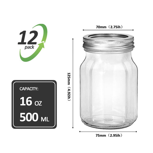 16oz Regular Mouth Mason Jars, 12 Pack with Lids & Bands W859907