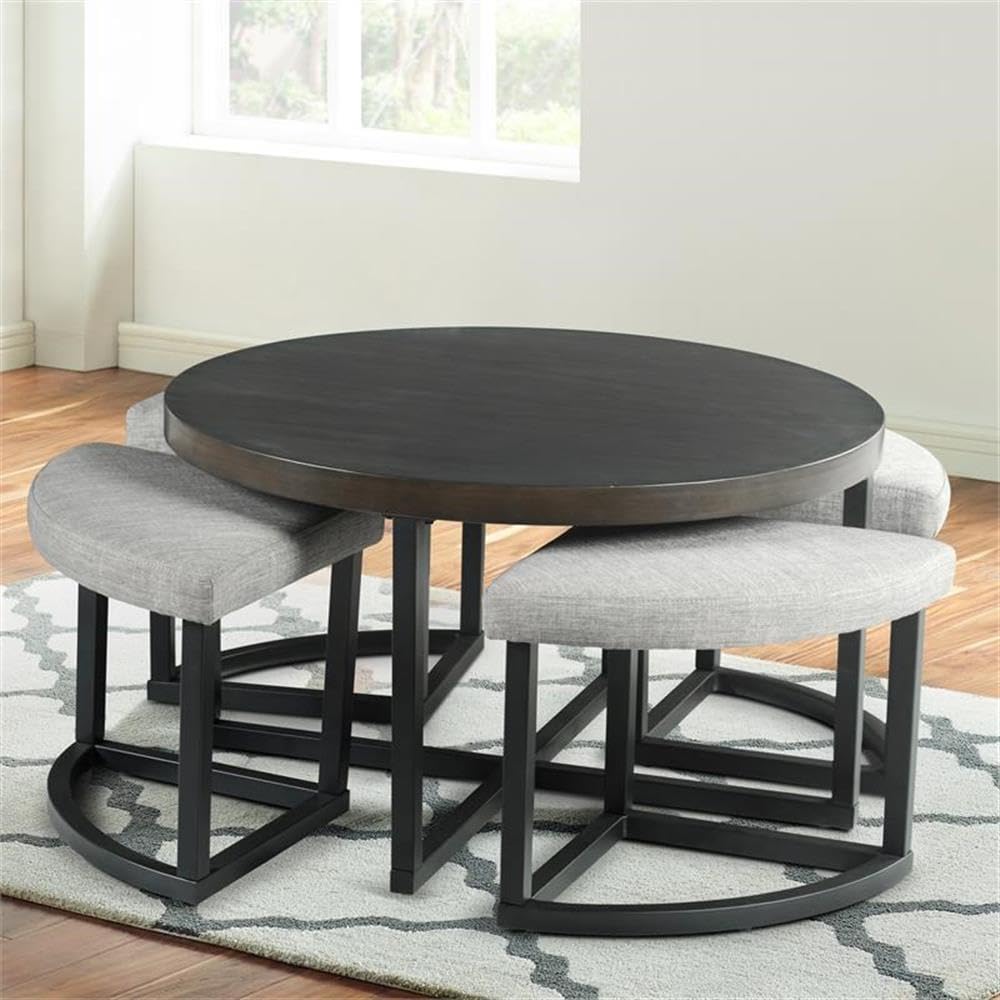 Round Coffee Table Set with 4 Gray Linen Stools X473