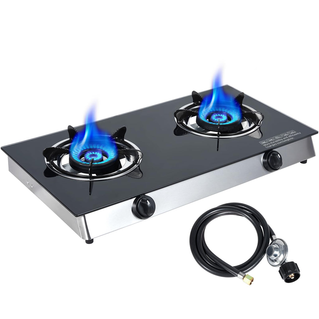 2-Burner Propane Gas Cooktop Portable Tempered Glass Stove E8844