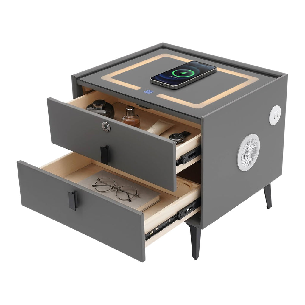 Nightstand with Charging Station, 2 Drawers, Fingerprint Lock, LED Light I392