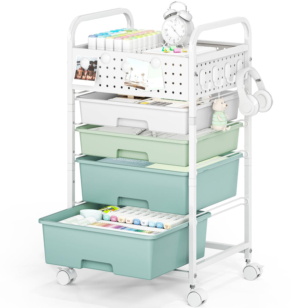 4 Drawer Rolling Storage Cart with Pegboard Top and Hooks O97164