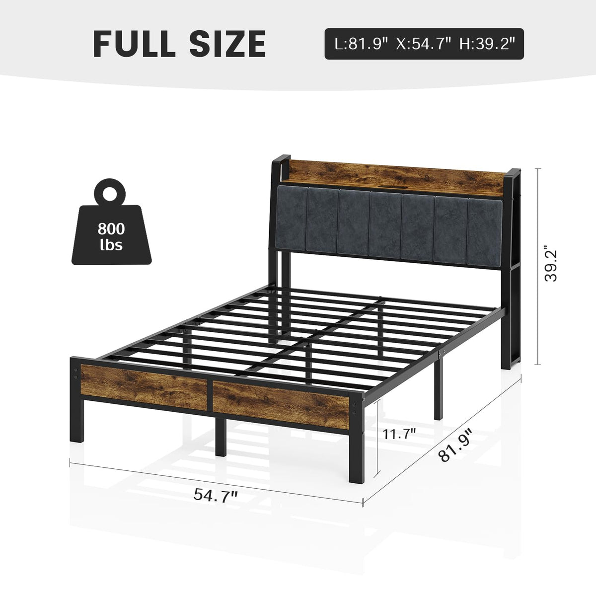 Full Size Bed Frame with LED Light and Charging Station X931