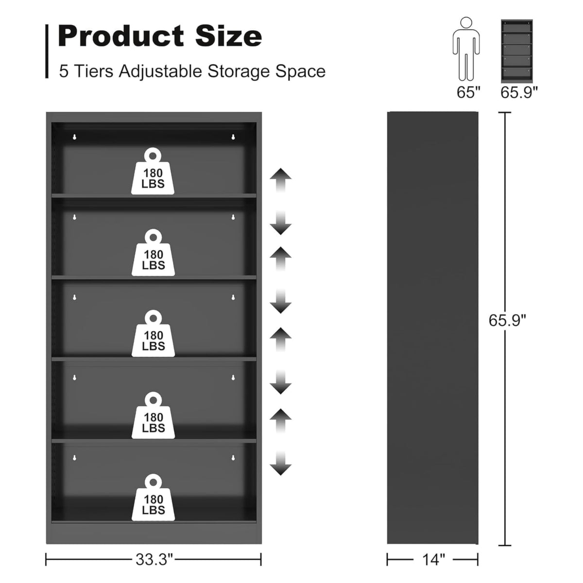 Black 5-Tier Adjustable Metal Bookshelf I98330