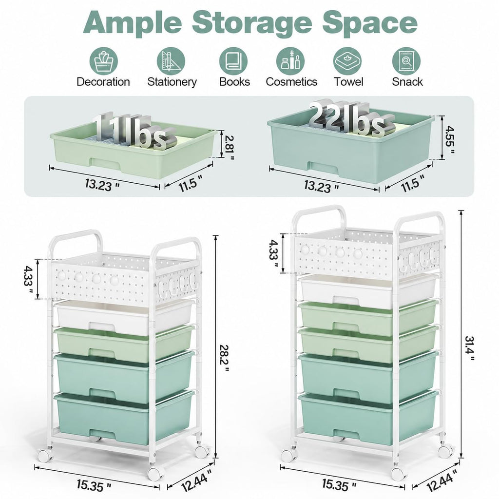 4 Drawer Rolling Storage Cart with Pegboard Top and Hooks O97164
