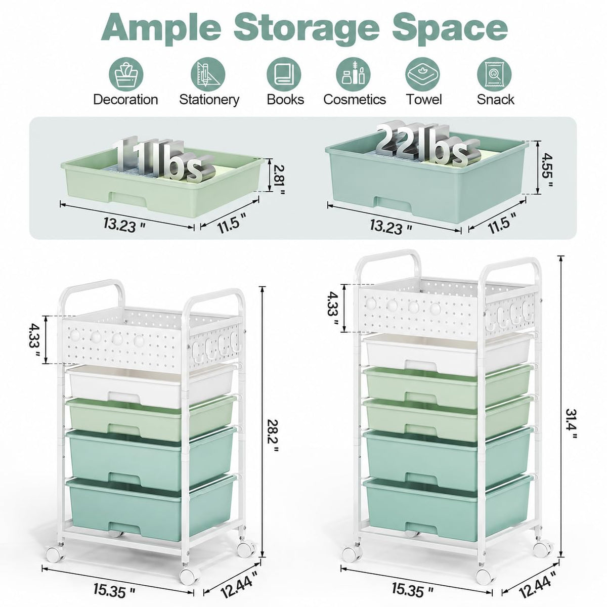 4 Drawer Rolling Storage Cart with Pegboard Top and Hooks O97164