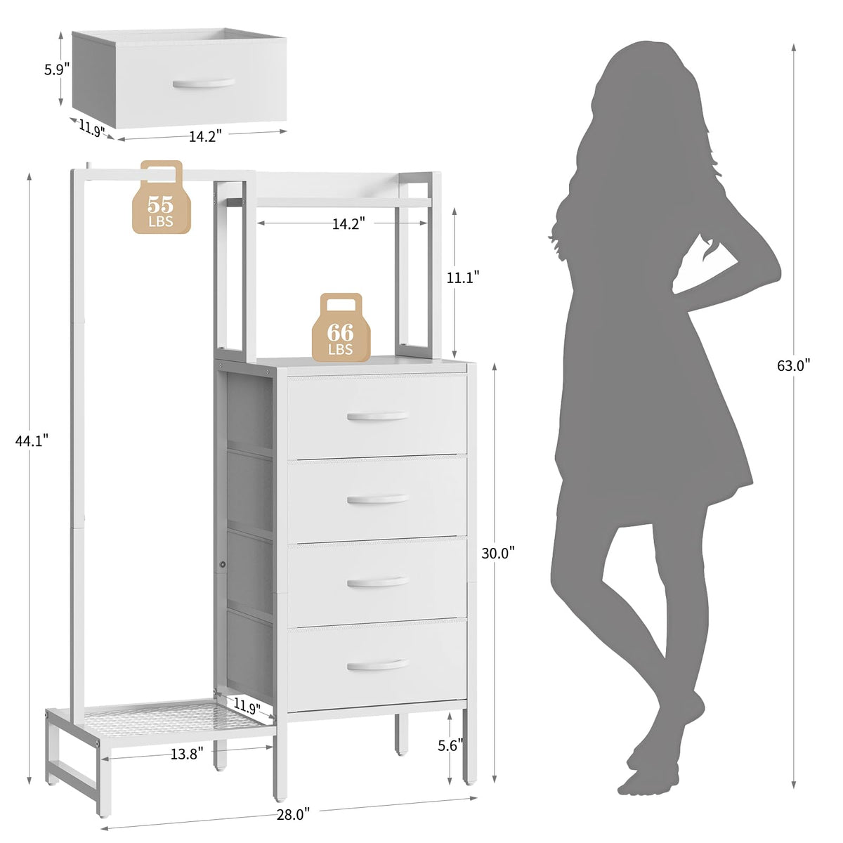 White 4 Drawer Dresser with Hanging Rack E7752