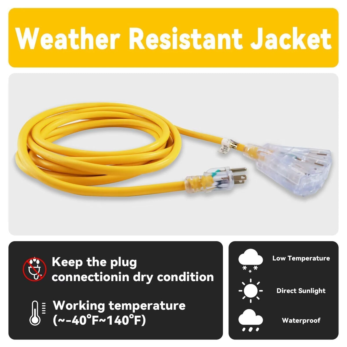 50 Ft Outdoor Extension Cord 3 Outlets Yellow E785
