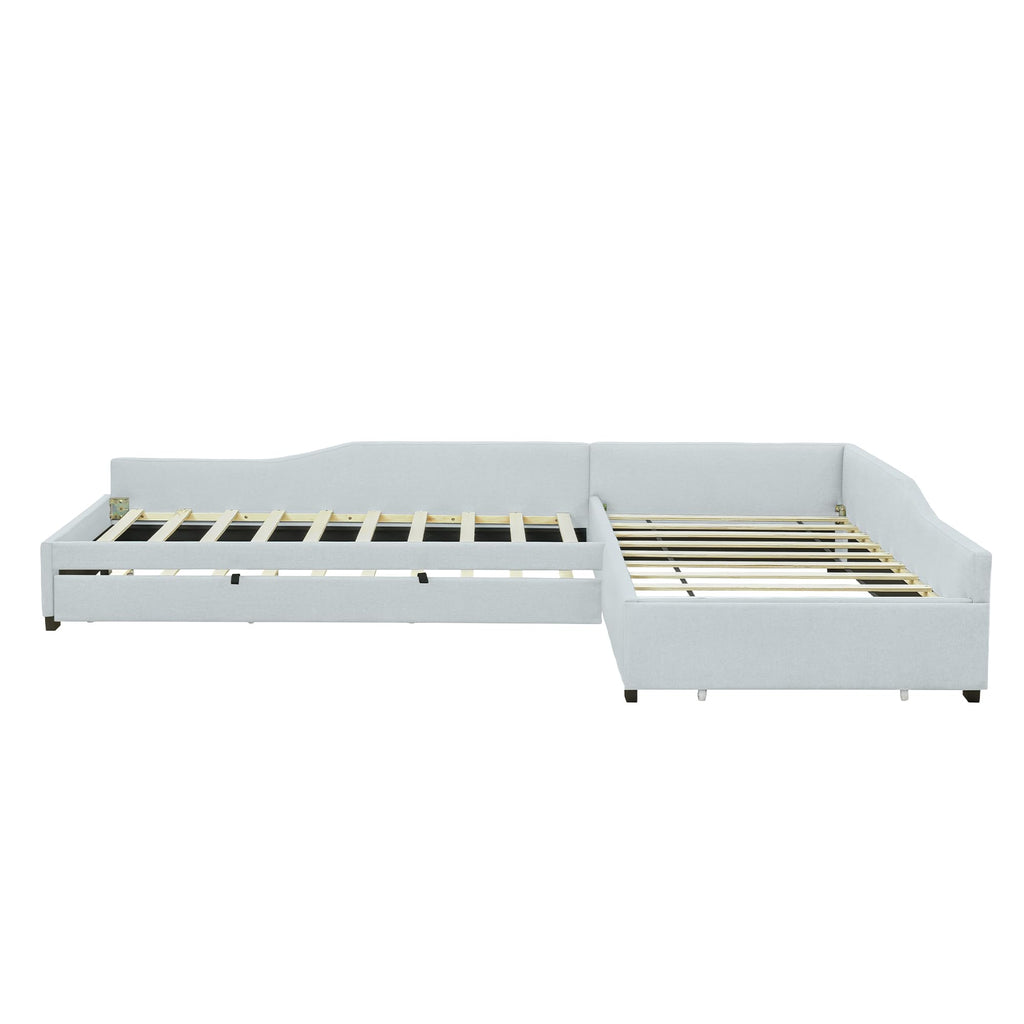 Beige Linen Upholstered Double Twin Size Daybed with Trundle and Drawer R8997