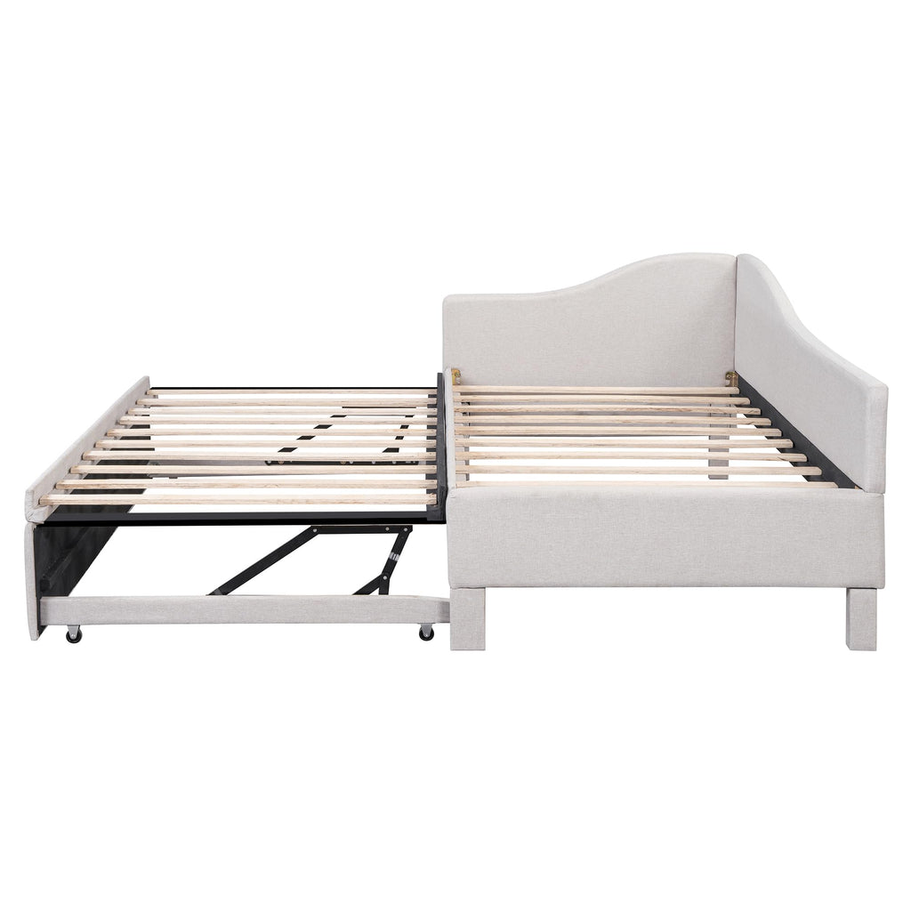 Beige Linen Upholstered Twin Size L-Shaped Daybed with Pop Up Trundle A578519