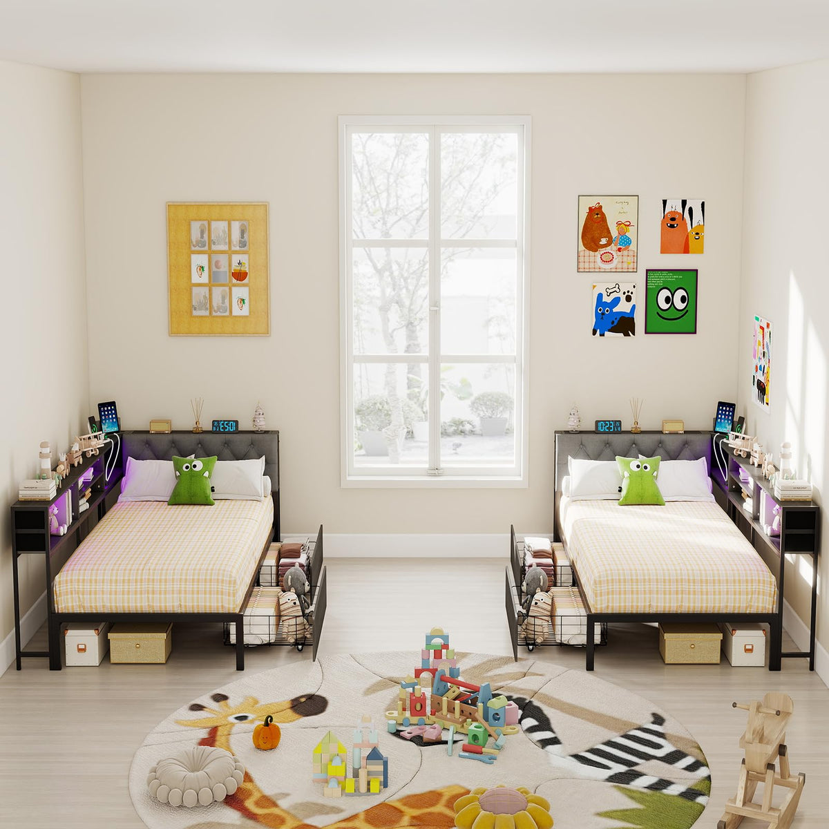 Gray Twin Corner Bed Frame with Storage Bookcase and Headboard X4338