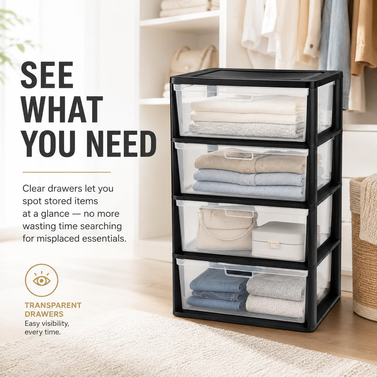 Wide 4 Drawer Plastic Storage Tower Organizer J785