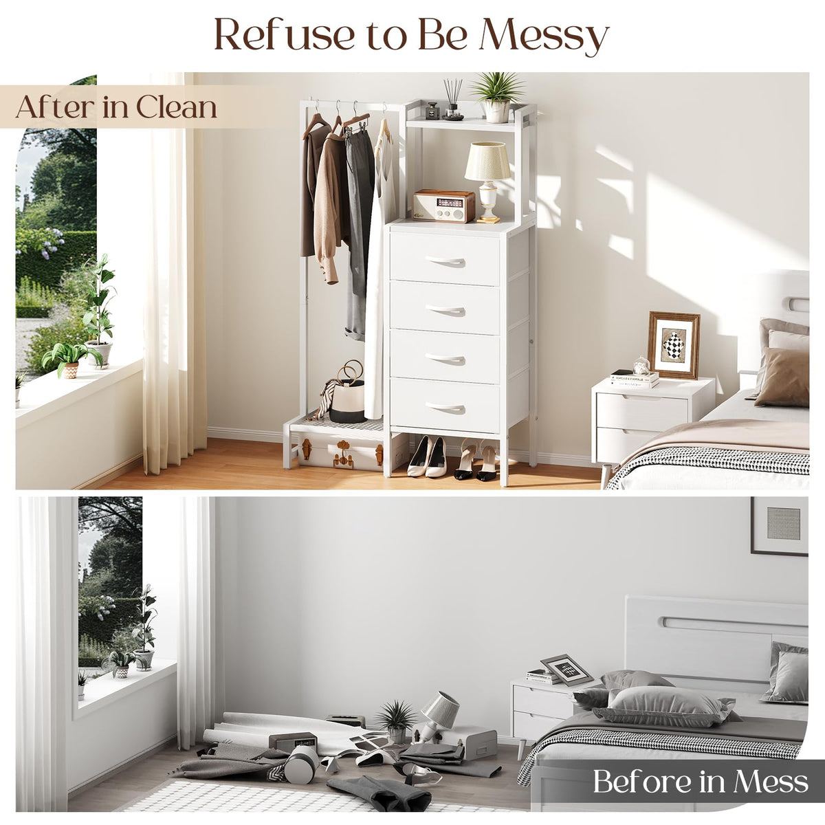 White 4 Drawer Dresser with Hanging Rack E7752