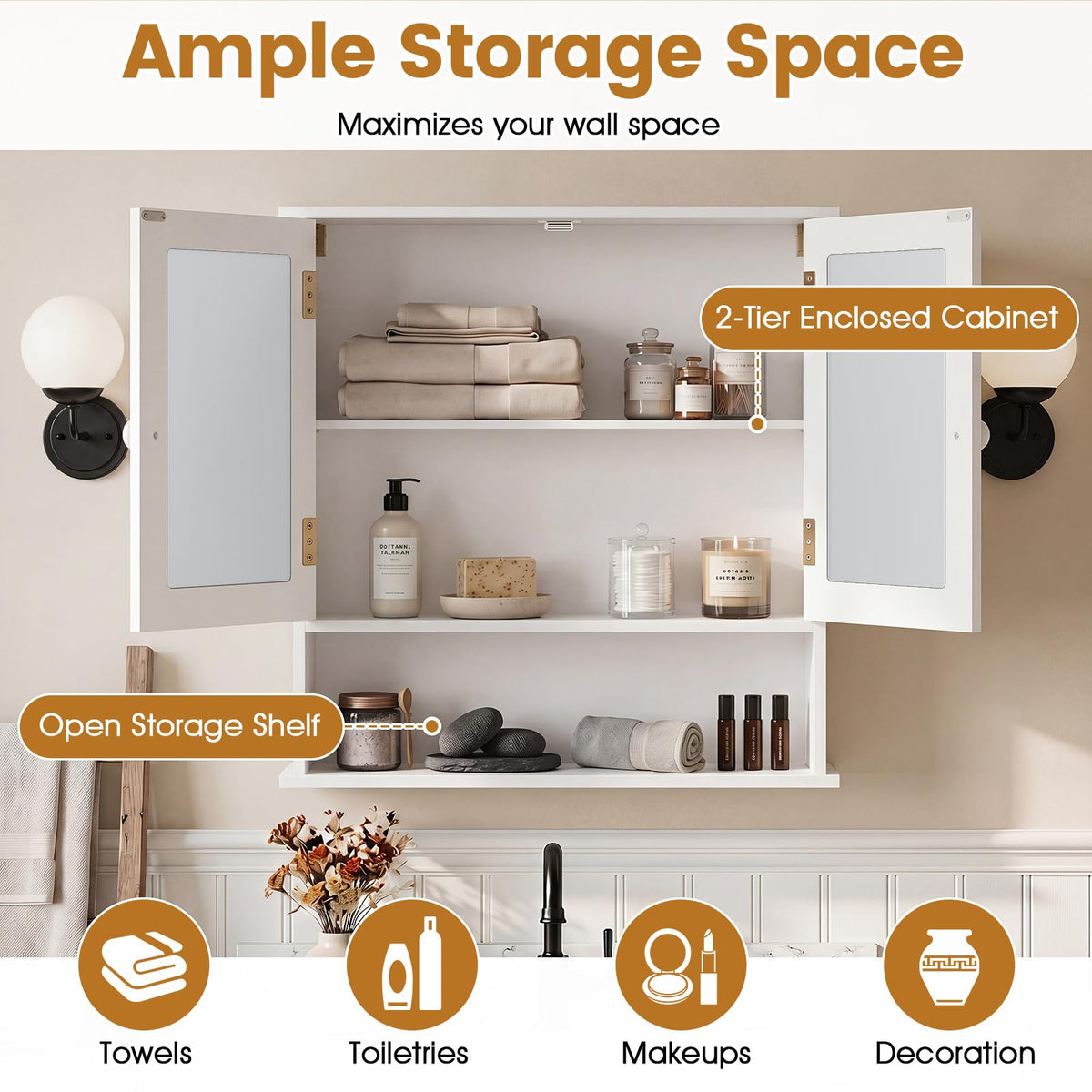 Wall Mounted Mirror Medicine Cabinet with Doors and Shelves J434818