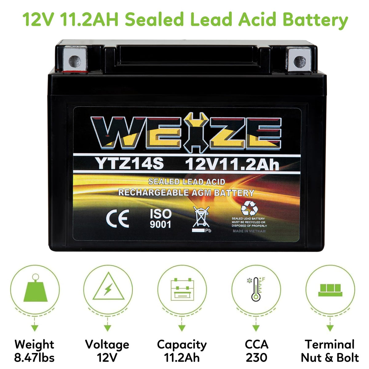 12V 11.2AH 230CCA Maintenance Free Sealed AGM Motorcycle Battery X7369