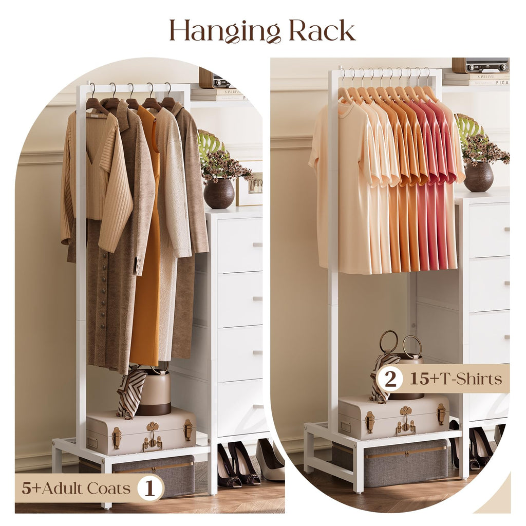 White 4 Drawer Dresser with Hanging Rack E7752