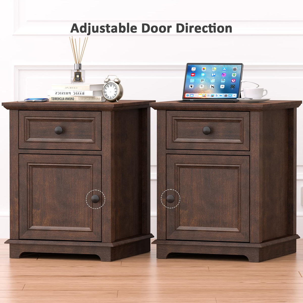 24" Tall End Table with Charging Station, Drawer & Storage Cabinet, Cherry F3197