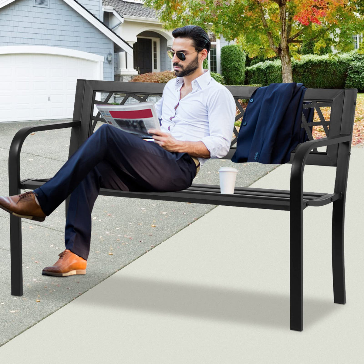 Black Cast Iron Outdoor Garden Bench with Mesh Backrest E2816