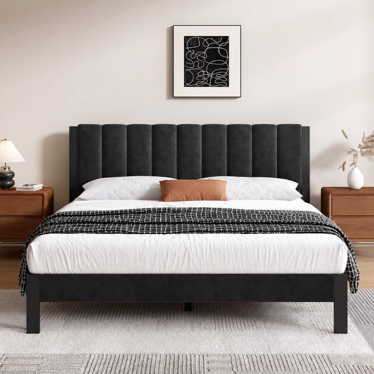 Twin Size Metal Platform Bed Frame with Velvet Headboard and Footboard K426