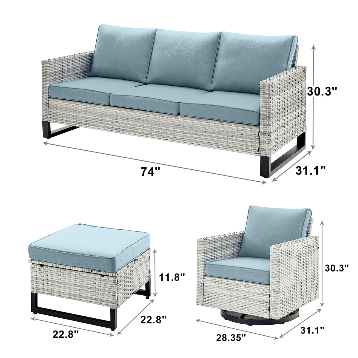 7 Piece Wicker Patio Conversation Set with Swivel Rocker Chairs and Ottoman J29885