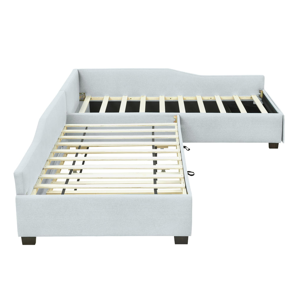 Beige Linen Upholstered Double Twin Size Daybed with Trundle and Drawer R8997