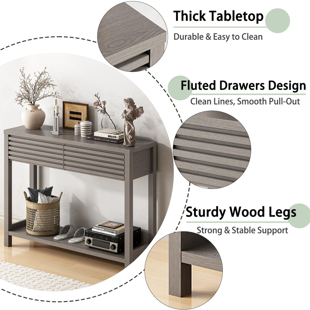 Oak Gray Fluted Console Table with Drawers B360709