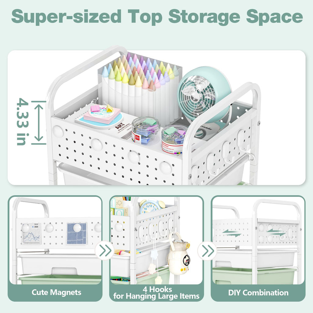 4 Drawer Rolling Storage Cart with Pegboard Top and Hooks O97164