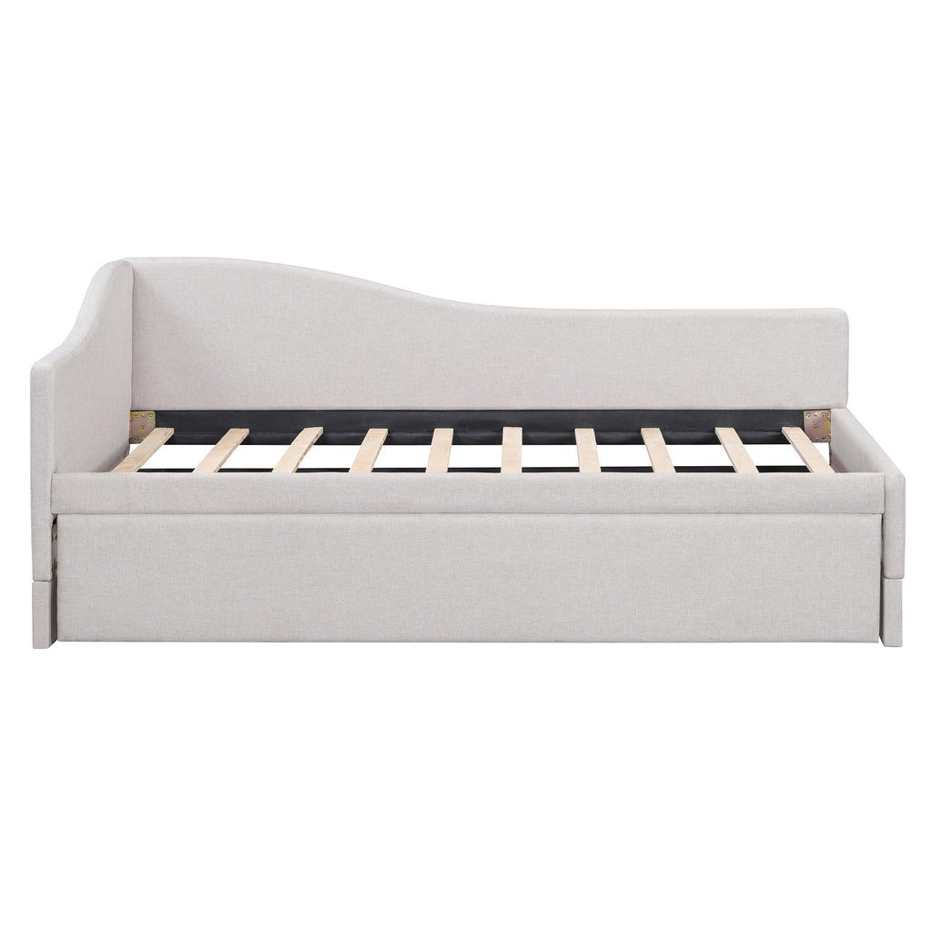 Beige Linen Upholstered Twin Size L-Shaped Daybed with Pop Up Trundle A578519