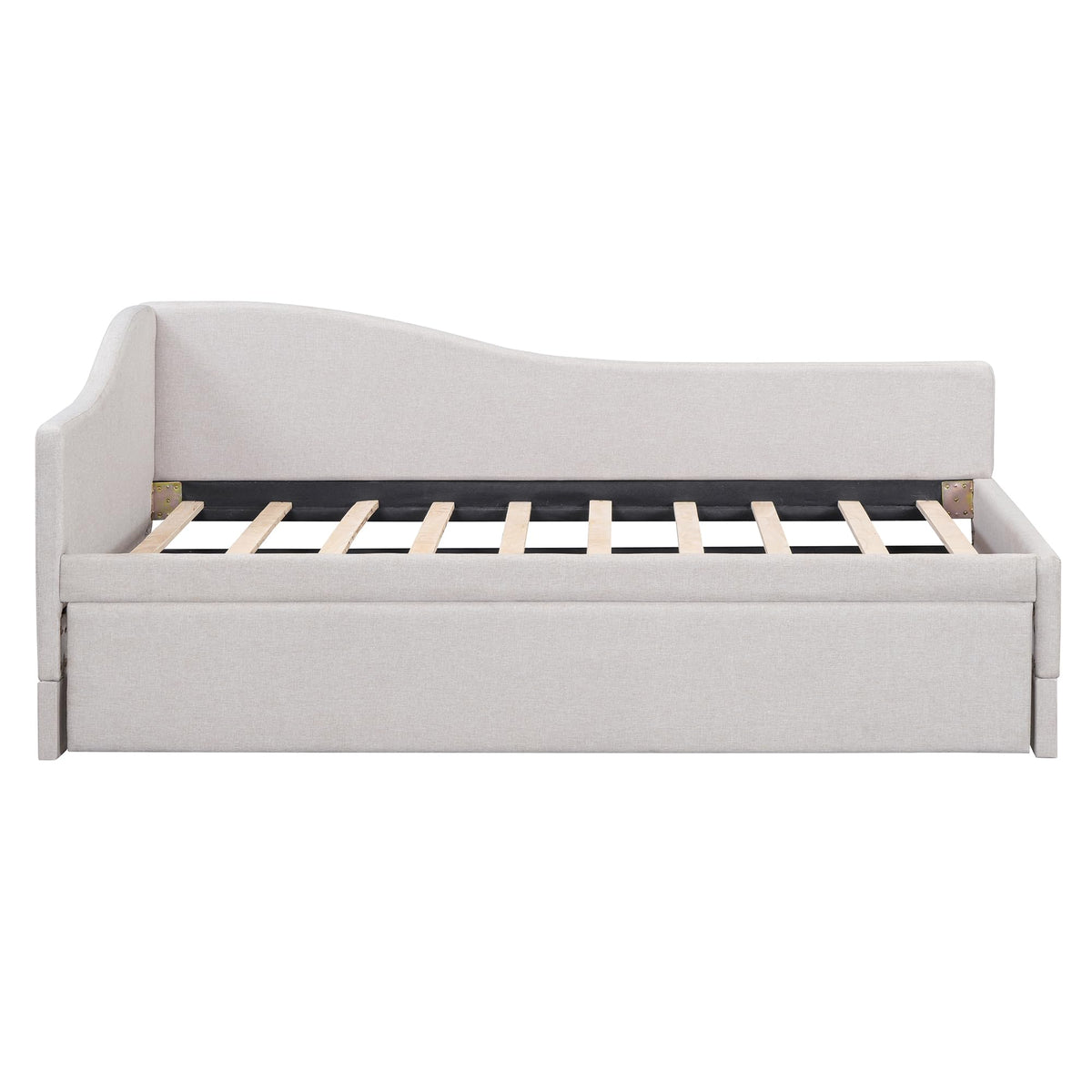 Beige Linen Upholstered Twin Size L-Shaped Daybed with Pop Up Trundle A578519
