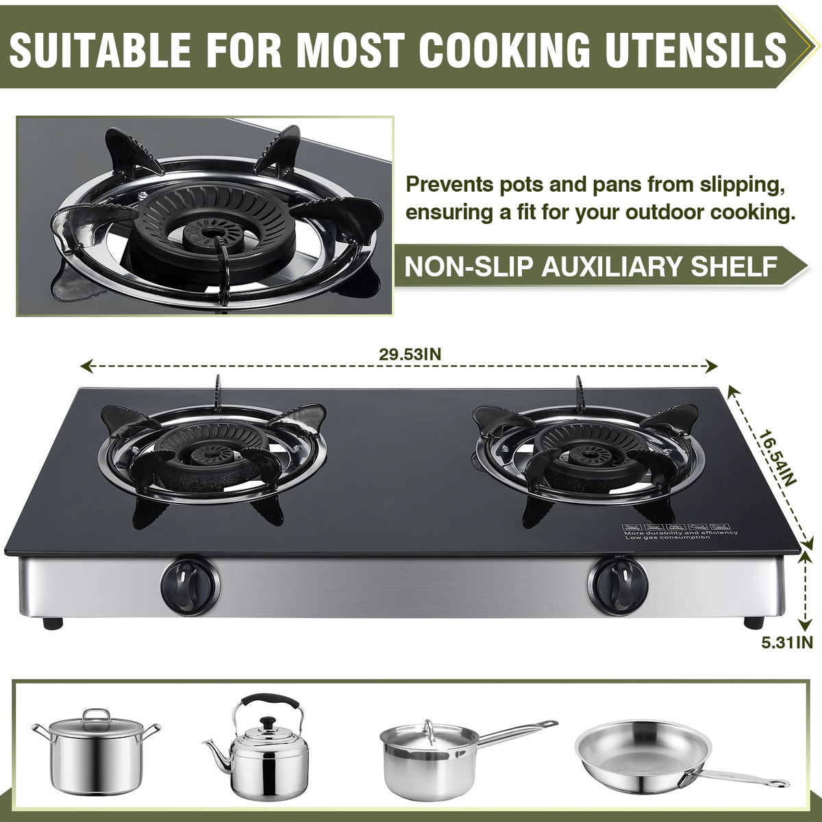 2-Burner Propane Gas Cooktop Portable Tempered Glass Stove E8844