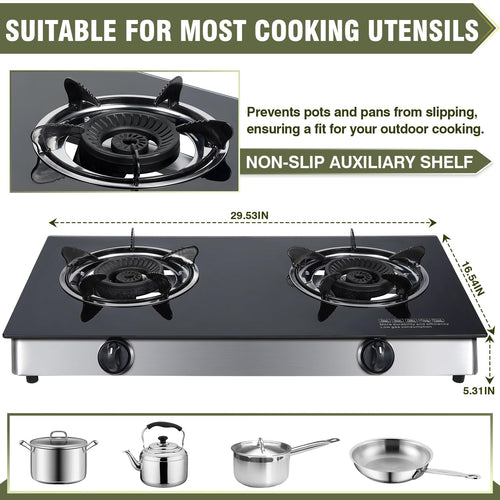 2-Burner Propane Gas Cooktop Portable Tempered Glass Stove E8844