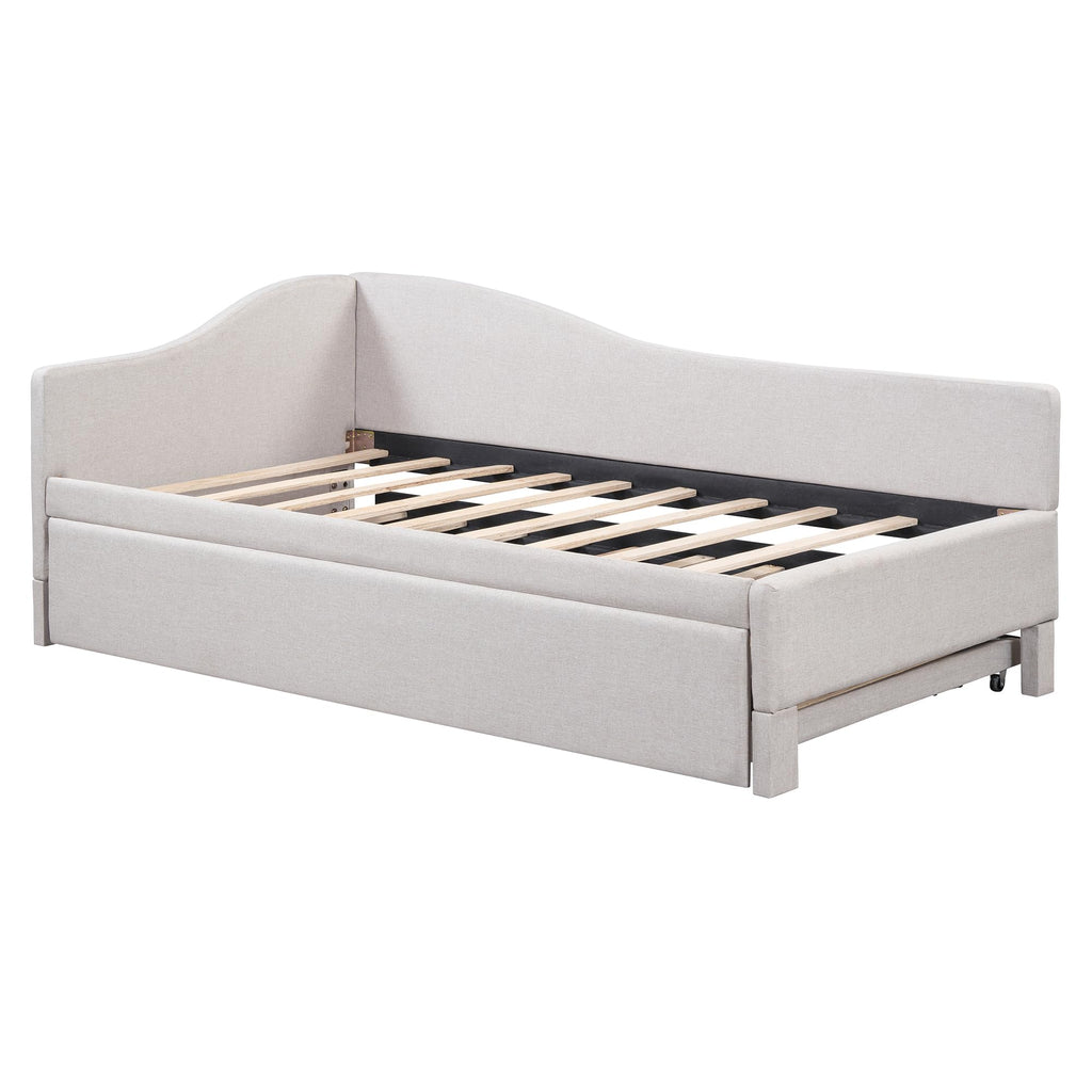 Beige Linen Upholstered Twin Size L-Shaped Daybed with Pop Up Trundle A578519