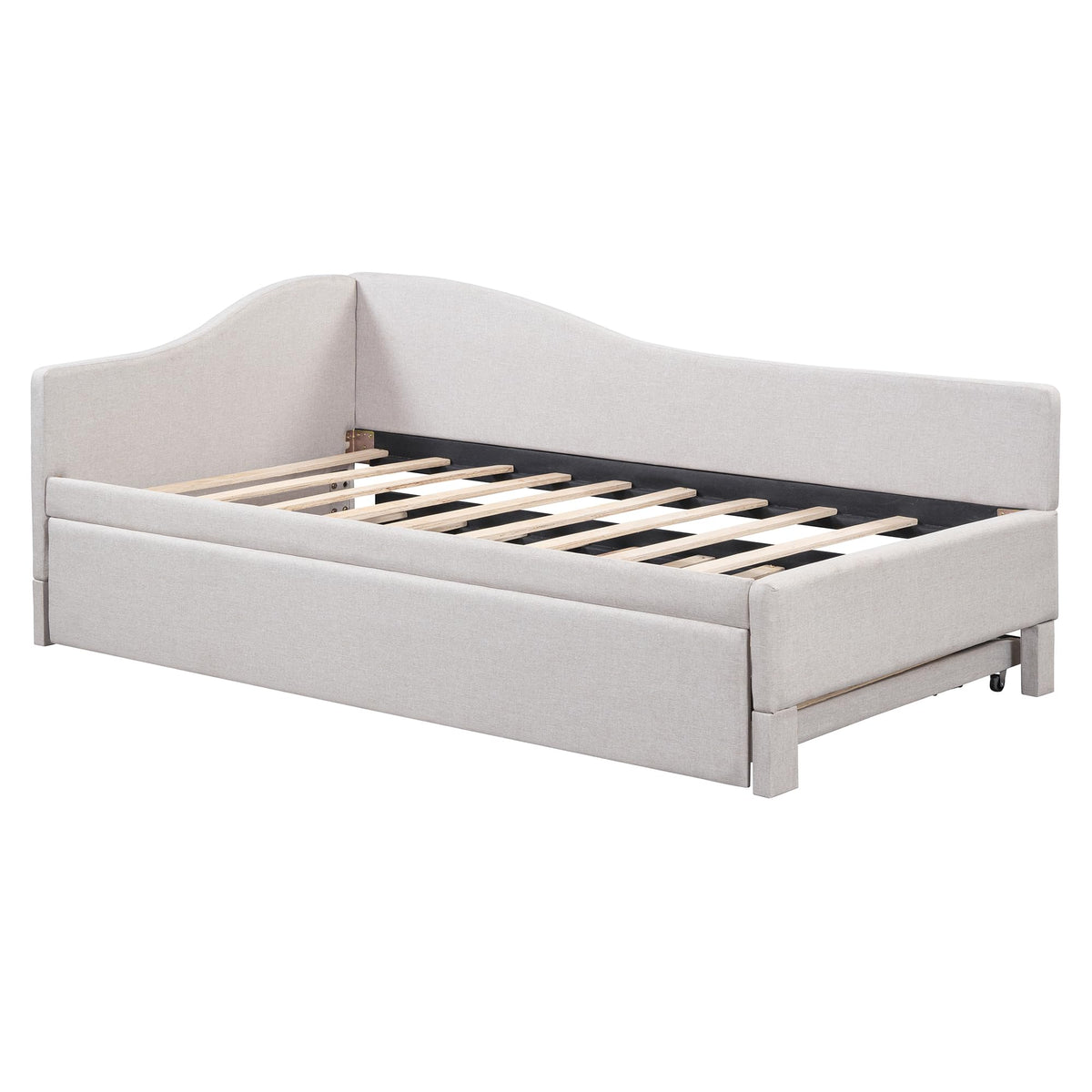 Beige Linen Upholstered Twin Size L-Shaped Daybed with Pop Up Trundle A578519