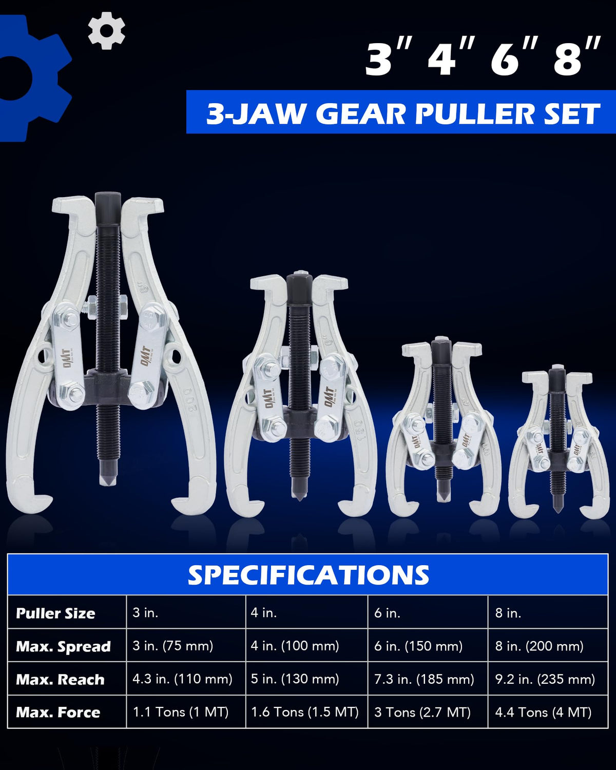 3" 4" 6" 8" 3 Jaw Gear Puller Set with Reversible Jaws J5167