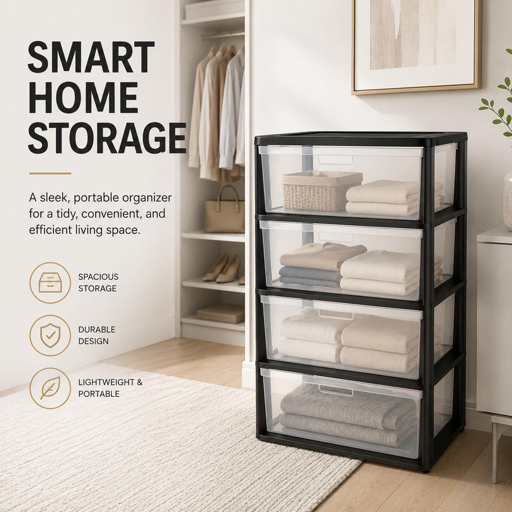 Wide 4 Drawer Plastic Storage Tower Organizer J785