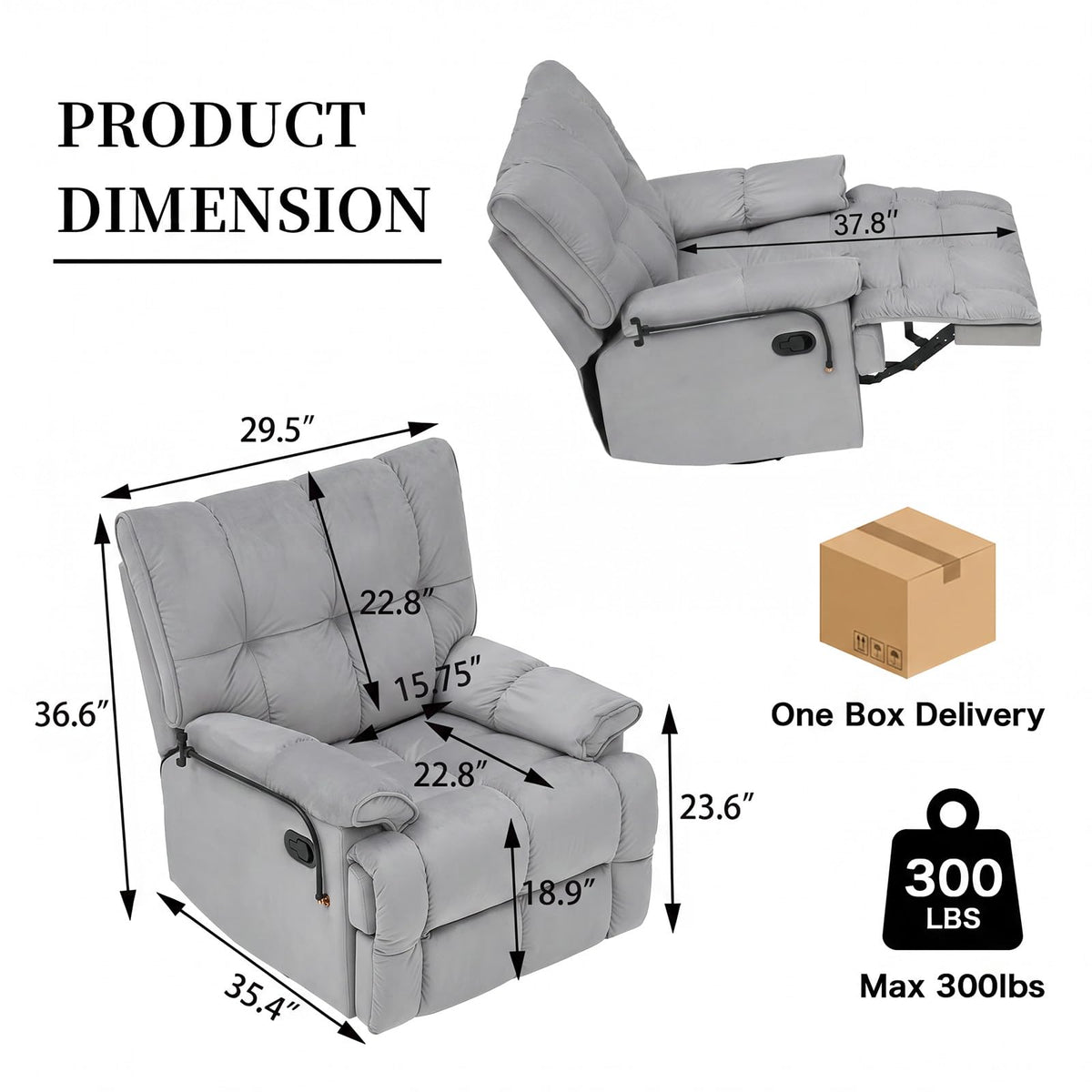 Velvet Swivel Recliner Accent Chair with Detachable Side Phone Holder S1055