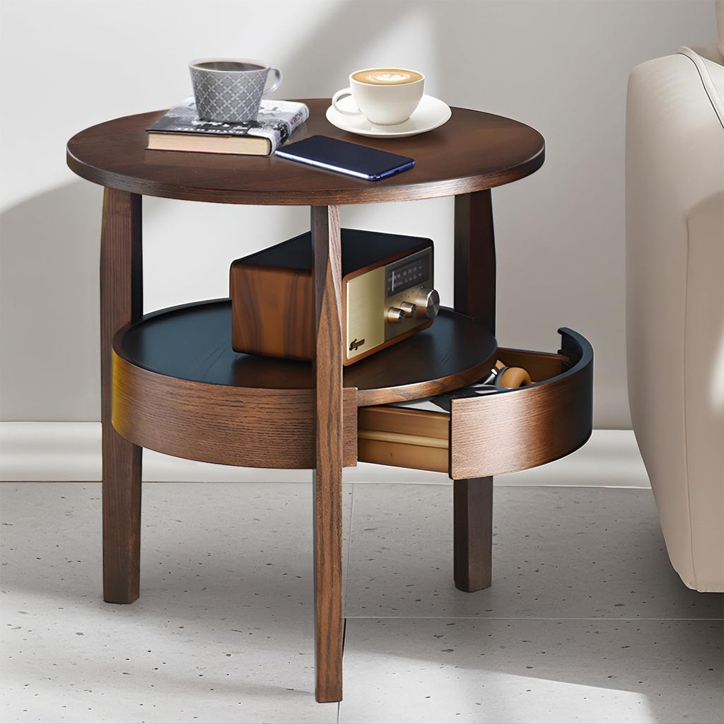 Dark Brown 2-Tier Round Coffee Table with Drawer E6310