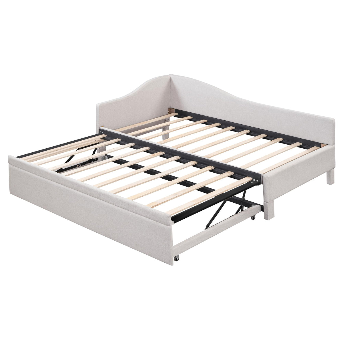 Beige Linen Upholstered Twin Size L-Shaped Daybed with Pop Up Trundle A578519