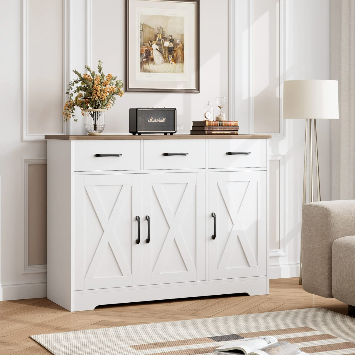 White Kitchen Buffet Cabinet with Storage C9409