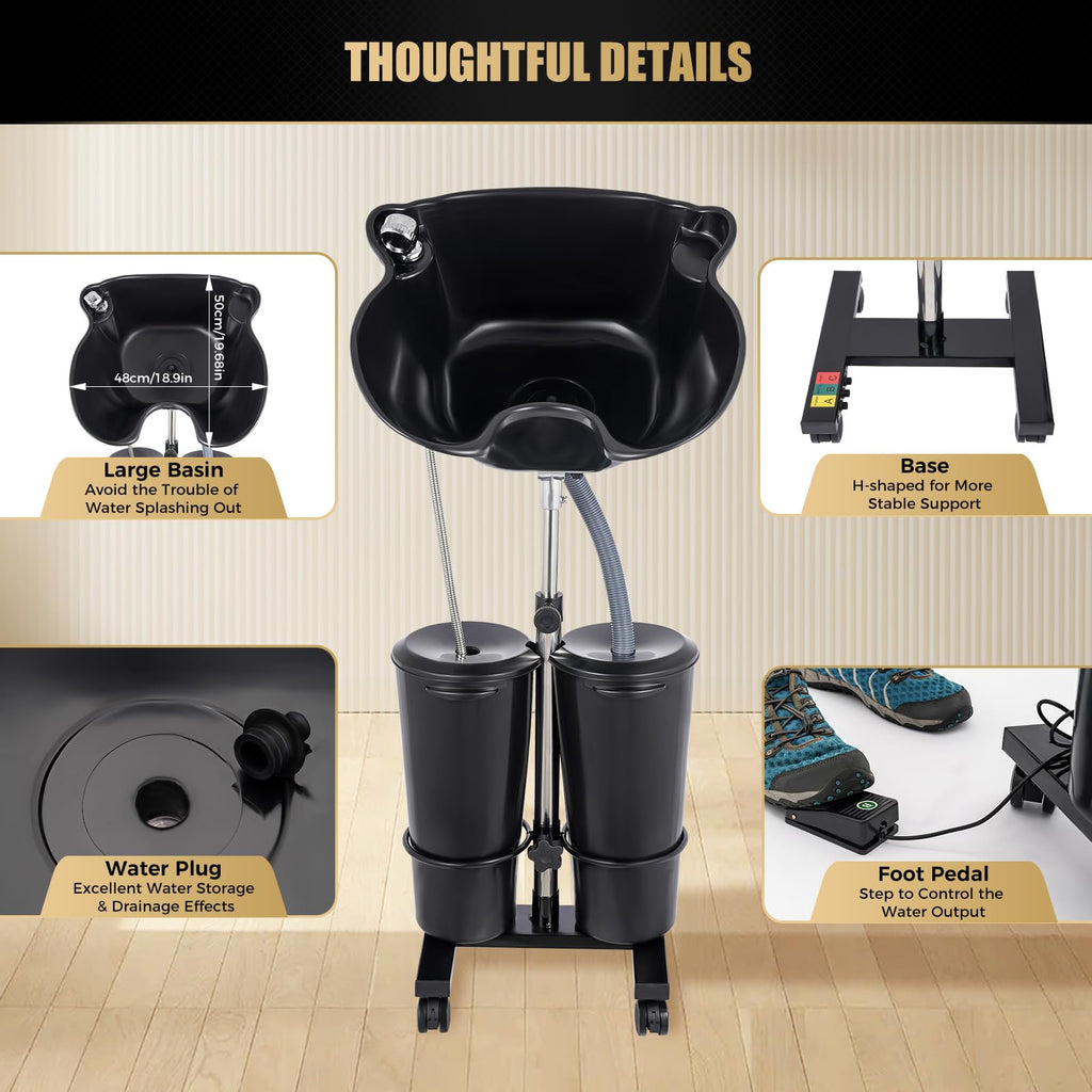 Portable Plastic Shampoo Basin with 2 Water Buckets and Wheels R371