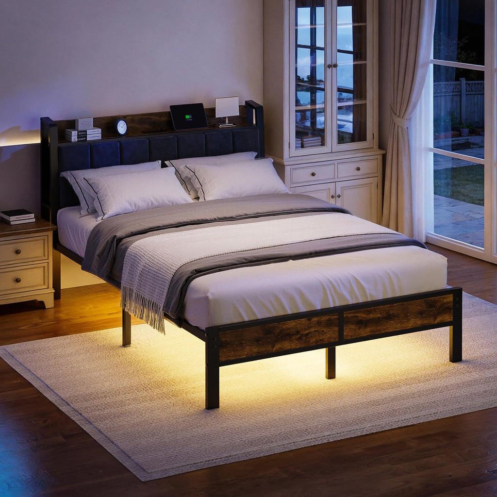 Full Size Bed Frame with LED Light and Charging Station X931
