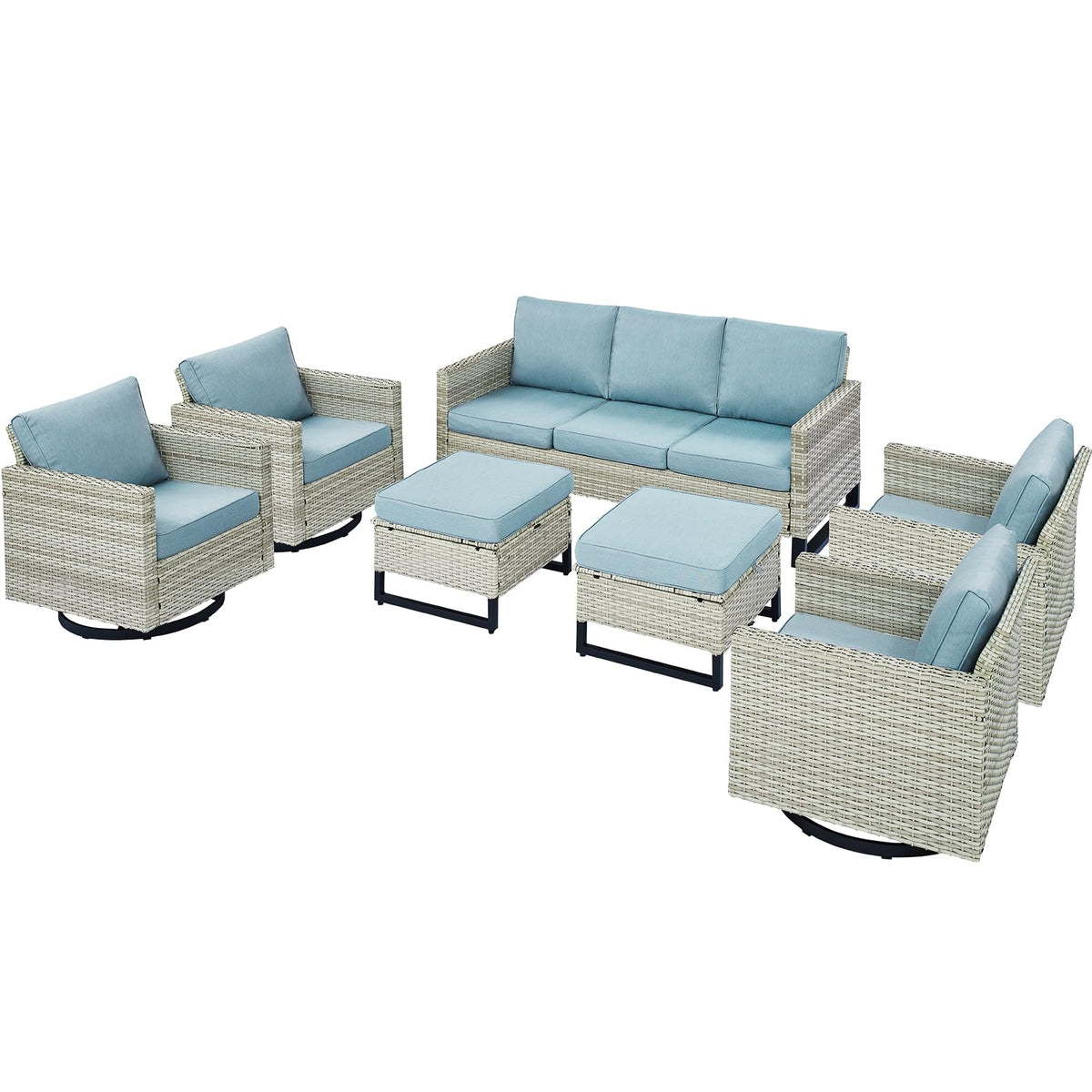 7 Piece Wicker Patio Conversation Set with Swivel Rocker Chairs and Ottoman J29885