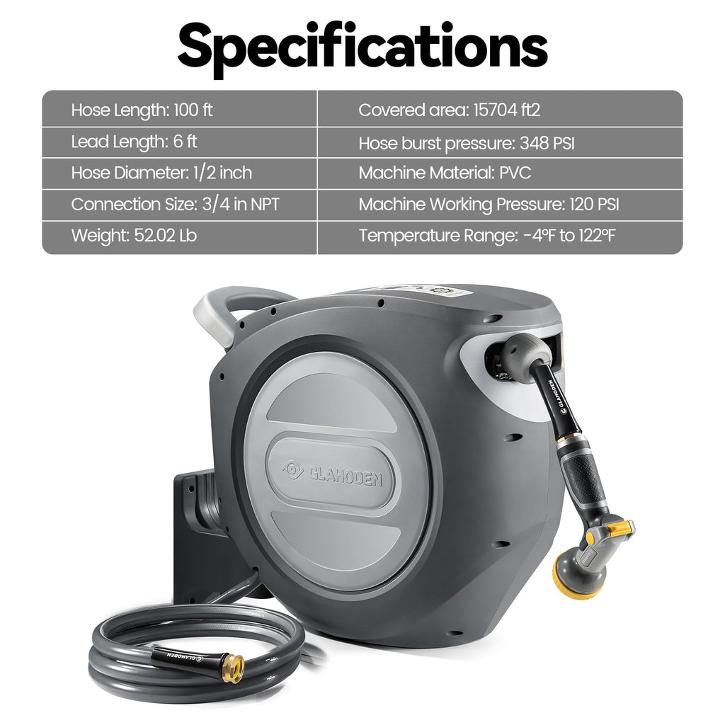 Retractable Garden Hose Reel 1/2 in x 100 ft Heavy Duty Wall Mount Y506
