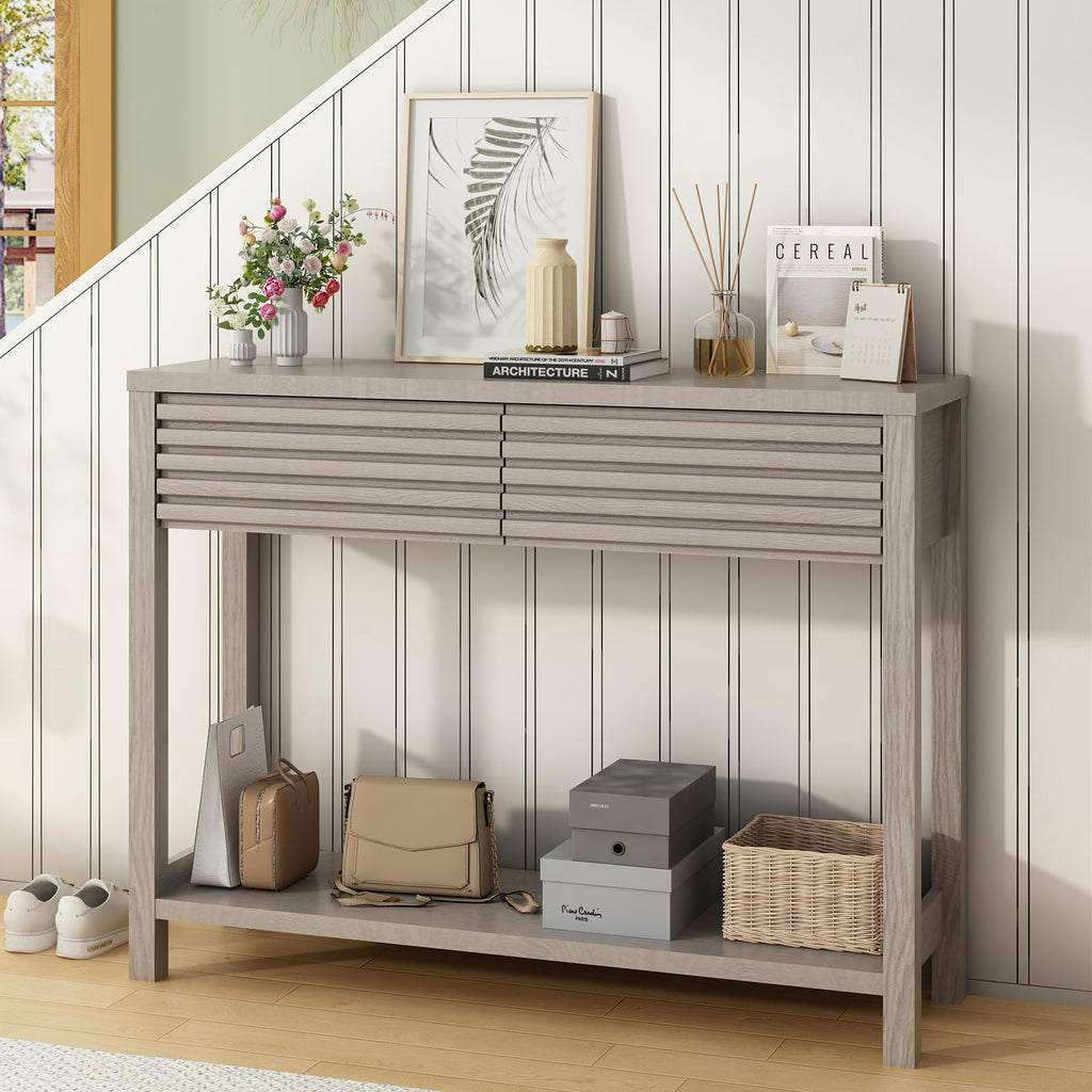 Oak Gray Fluted Console Table with Drawers B360709